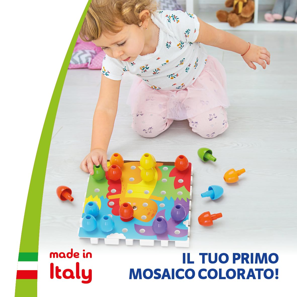 Quercetti Jumbo Peggy Bio, Mosaico Bambini, Giochi Bambini 2 Anni fino ai 5 Anni, Chiodini per Bambini 3 Anni, Costruzioni per Bambini 3 Anni con 36 Chiodini, 9 Piastre e 4 Schede, Made in Italy