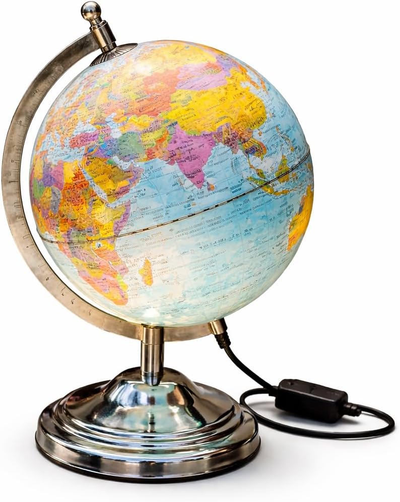 8 Inch Illuminated World Globe with Stand – Electric Light-Up Desk Educational Political Map,12 Inch Height Tabletop Globe for Home, Office & Kids Learning