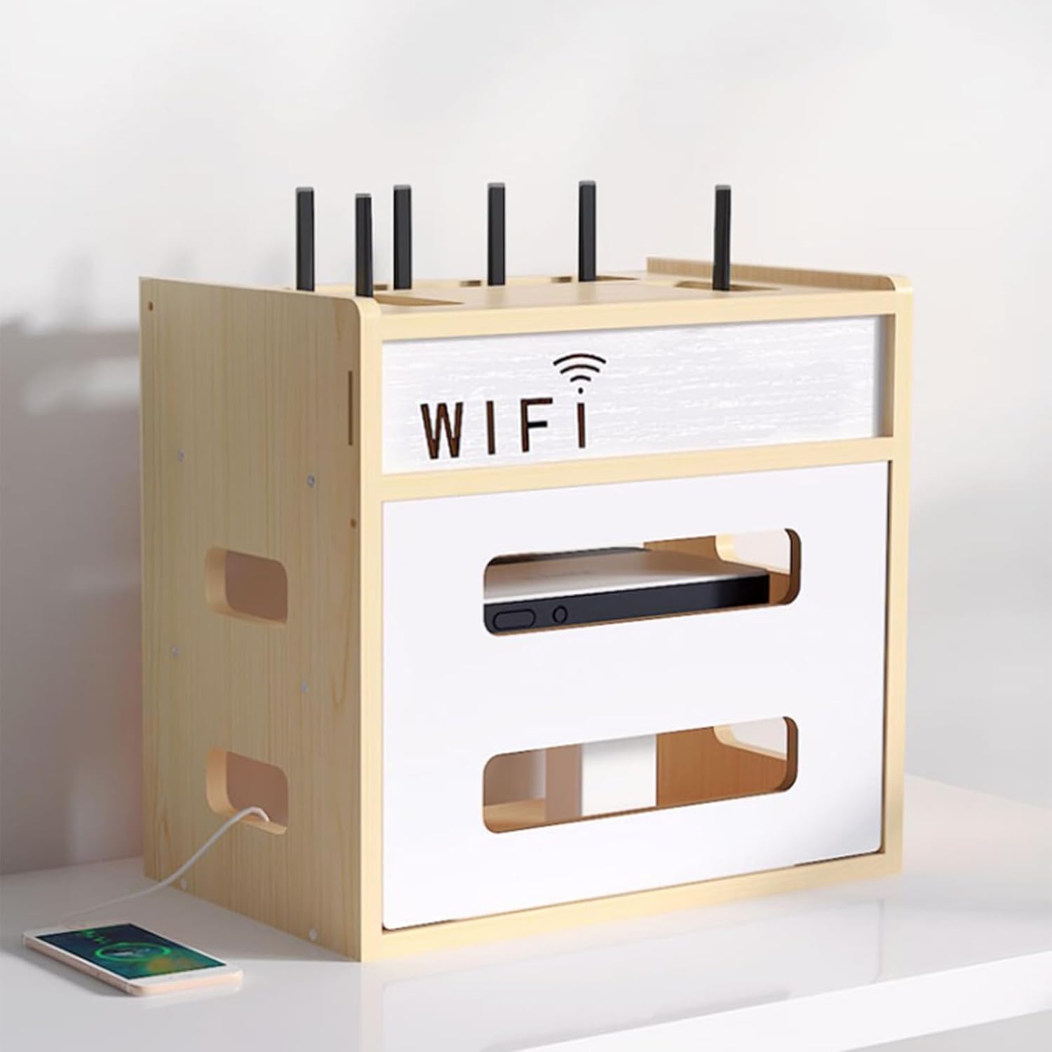 ルーター収納ボックス ワイヤレスルーター収納ボックス デスクトップオーガナイザーシェルフ、電源タップ、ケーブル管理用ハイダーラック(