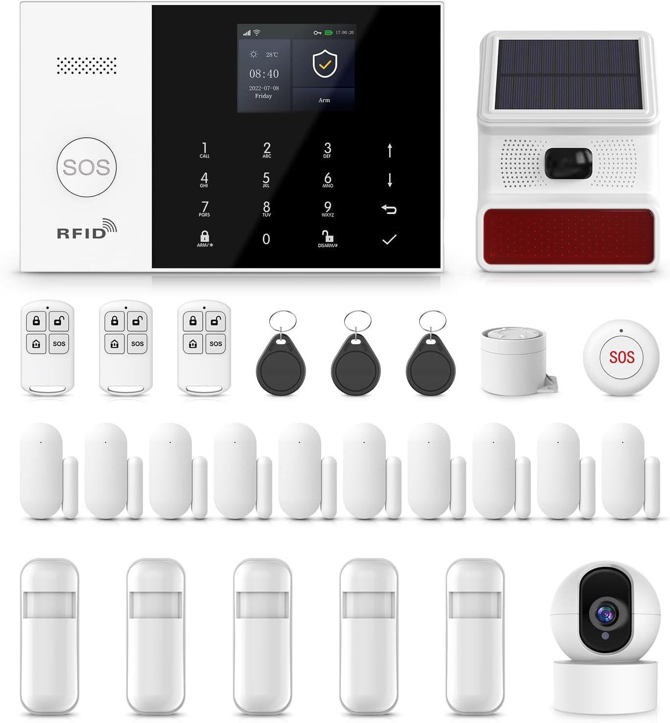 PGST Système d'alarme domestique 26 pièces avec application, Wi-Fi + 4G avec sirène extérieure, caméra, capteurs de porte, détecteur de mouvement, RFID et télécommandes