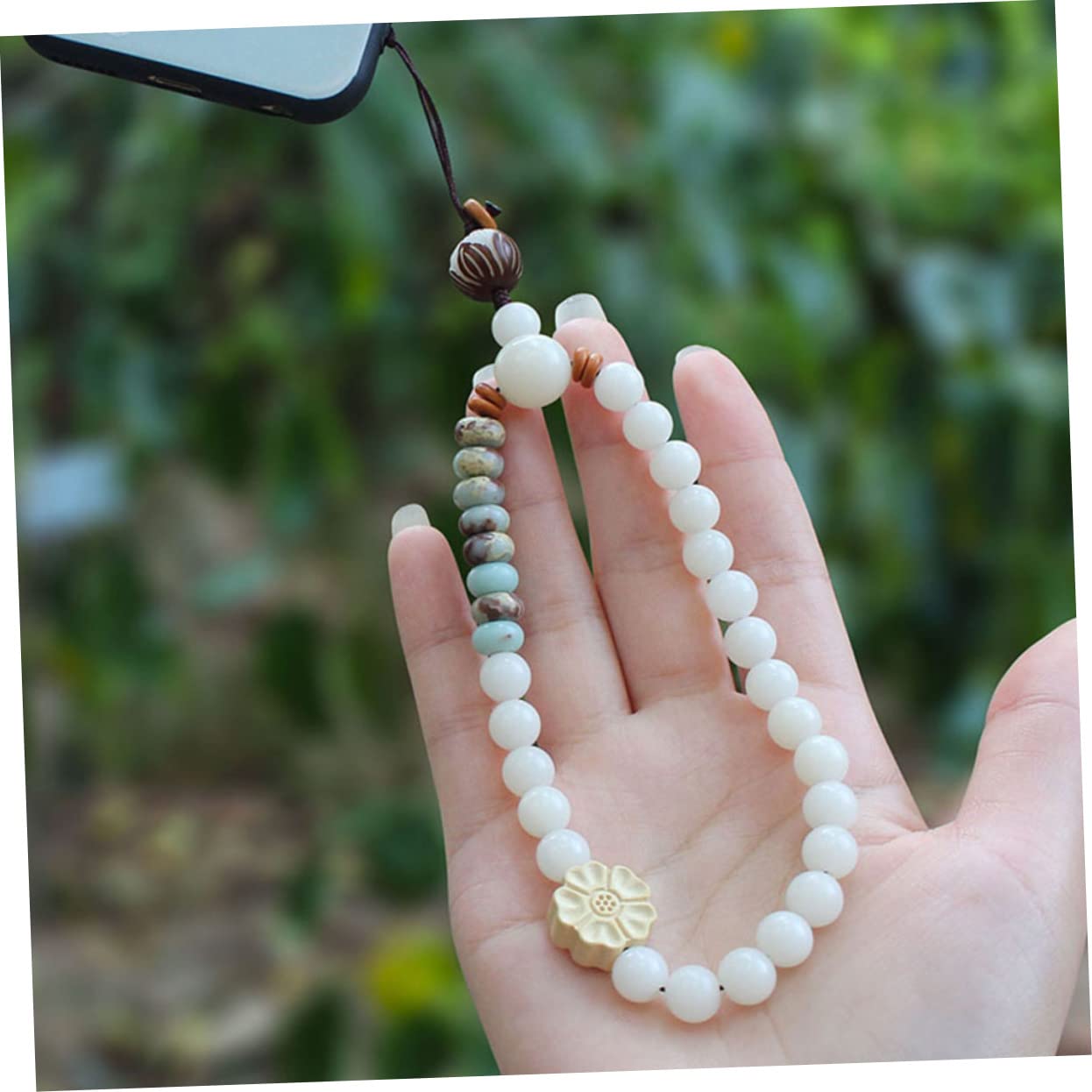 SHINEOFI Cadena Colgante para Teléfono Móvil de con Cuentas de Jade Blanco Decoración Retro para Smartphones Compatible con Cámaras y Llaveros Accesorio Práctico