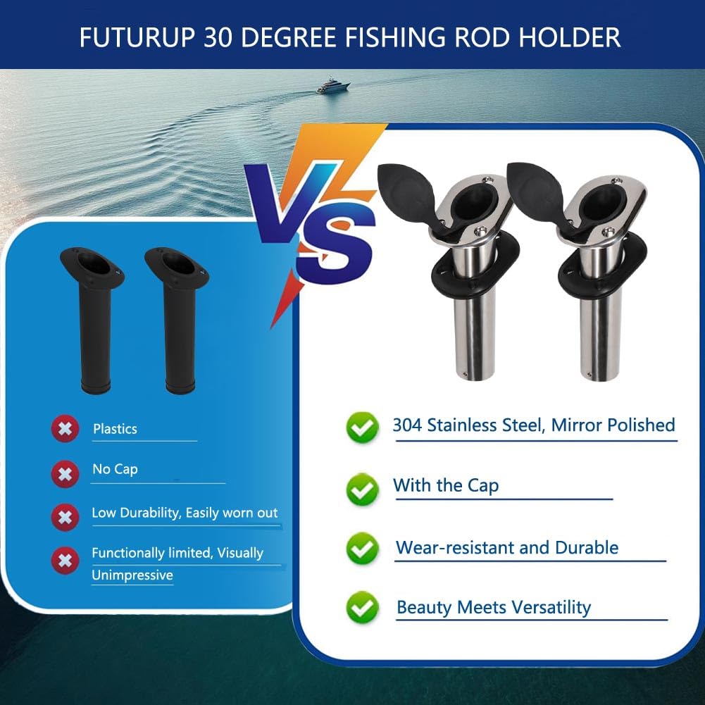 flush mount porta canna da pesca, in acciaio INOX, 30 gradi