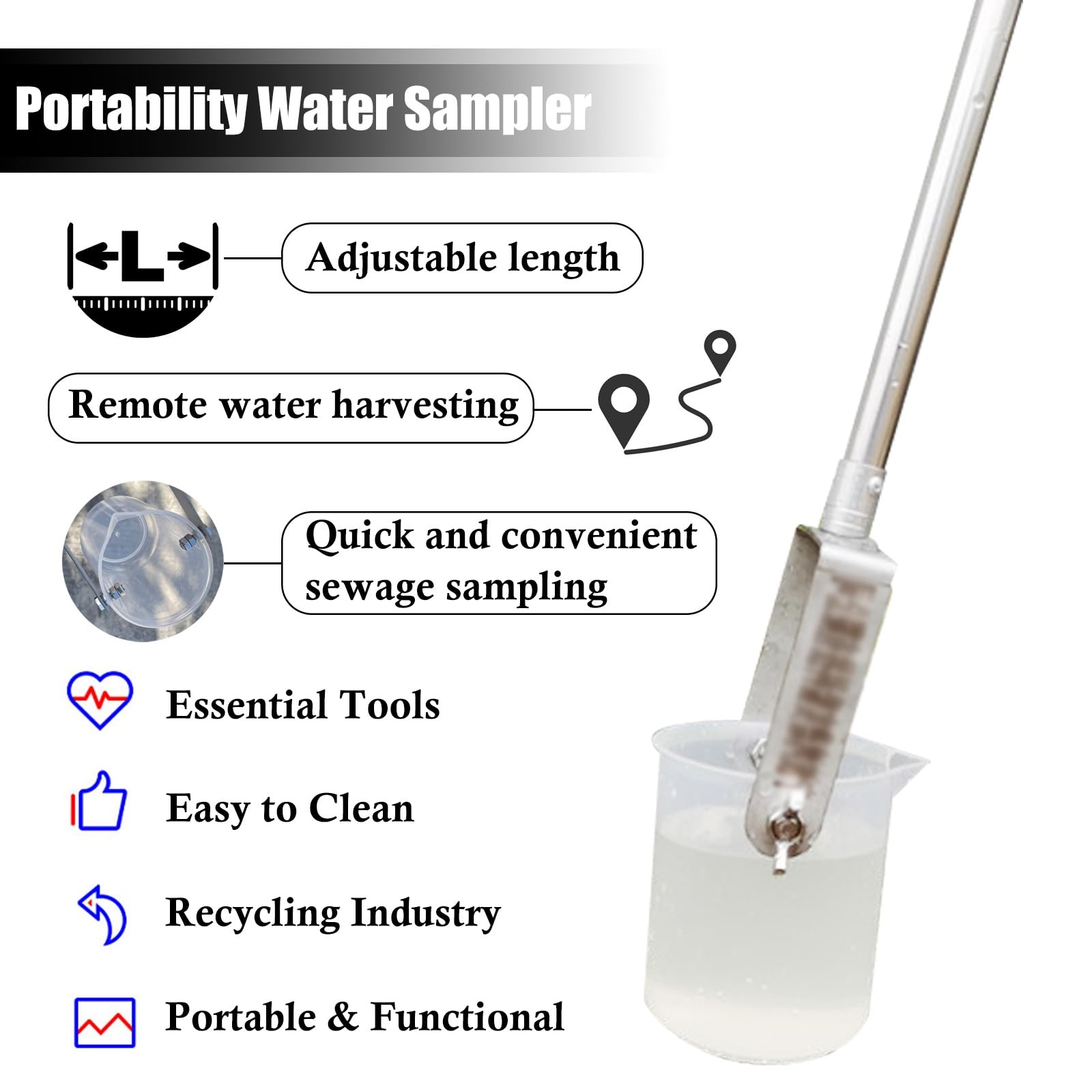Campionatore d'acqua in acciaio inossidabile su palo, campionamento leggero dell'acqua di estensione per impianto di produzione/laboratorio/piscine, con tazza graduata