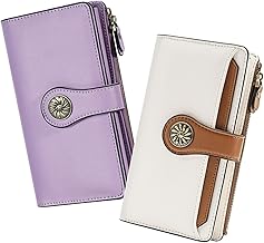 Travelambo Wallets Women RFID Large Capacity Luxury Waxed Leather Clutch Wallet Multi Card Organizer (Light Purple + Beige & Red Brown)