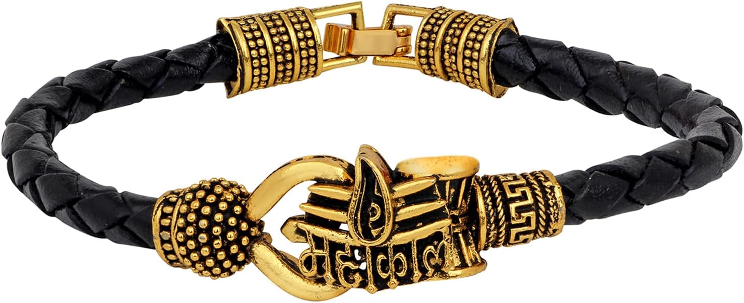 MahiRudraksh Lord Shiv Trishul Mahakal Damru Designer Leather Kadas Bracelet Cuff for Men (PABR1100425PR)