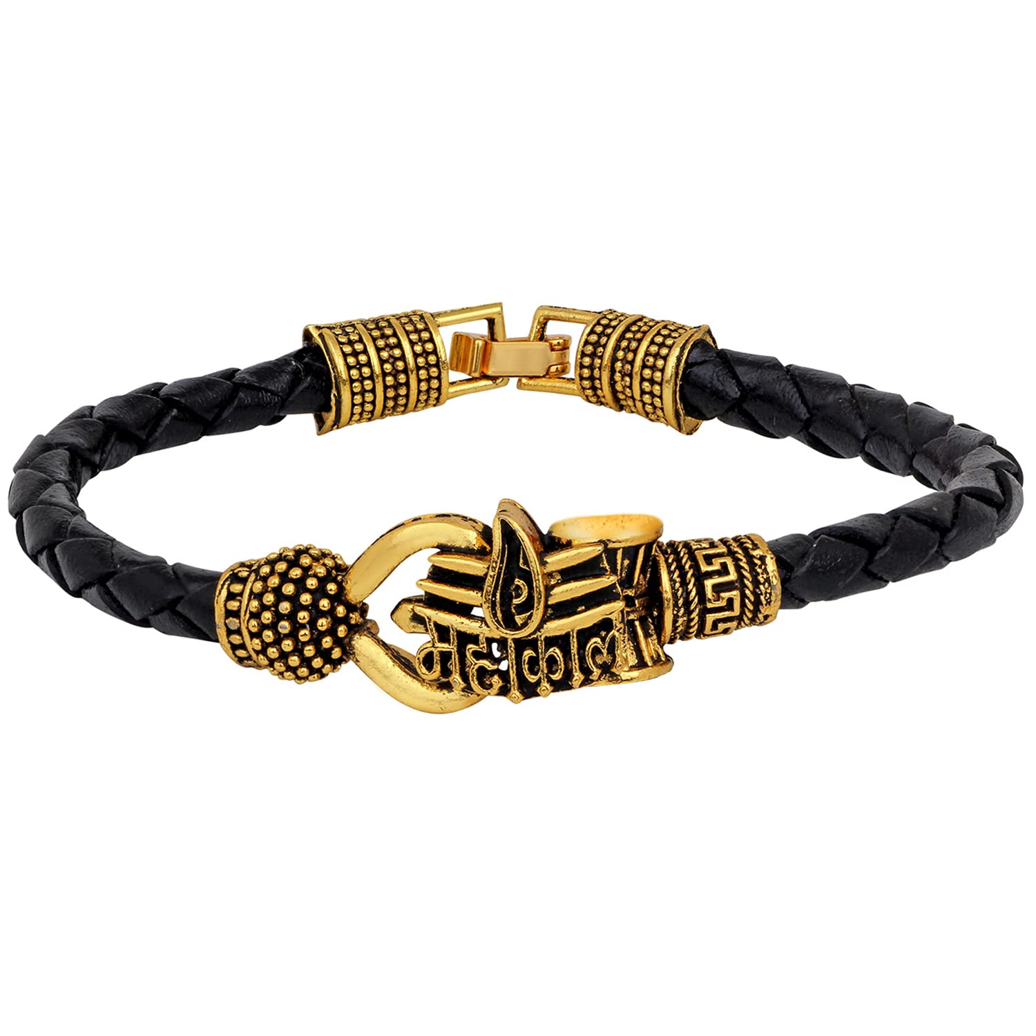 MahiLord Shiv Trishul Mahakal Damru Designer Leather Kadas Bracelet Cuff for Men (BR1100464G)