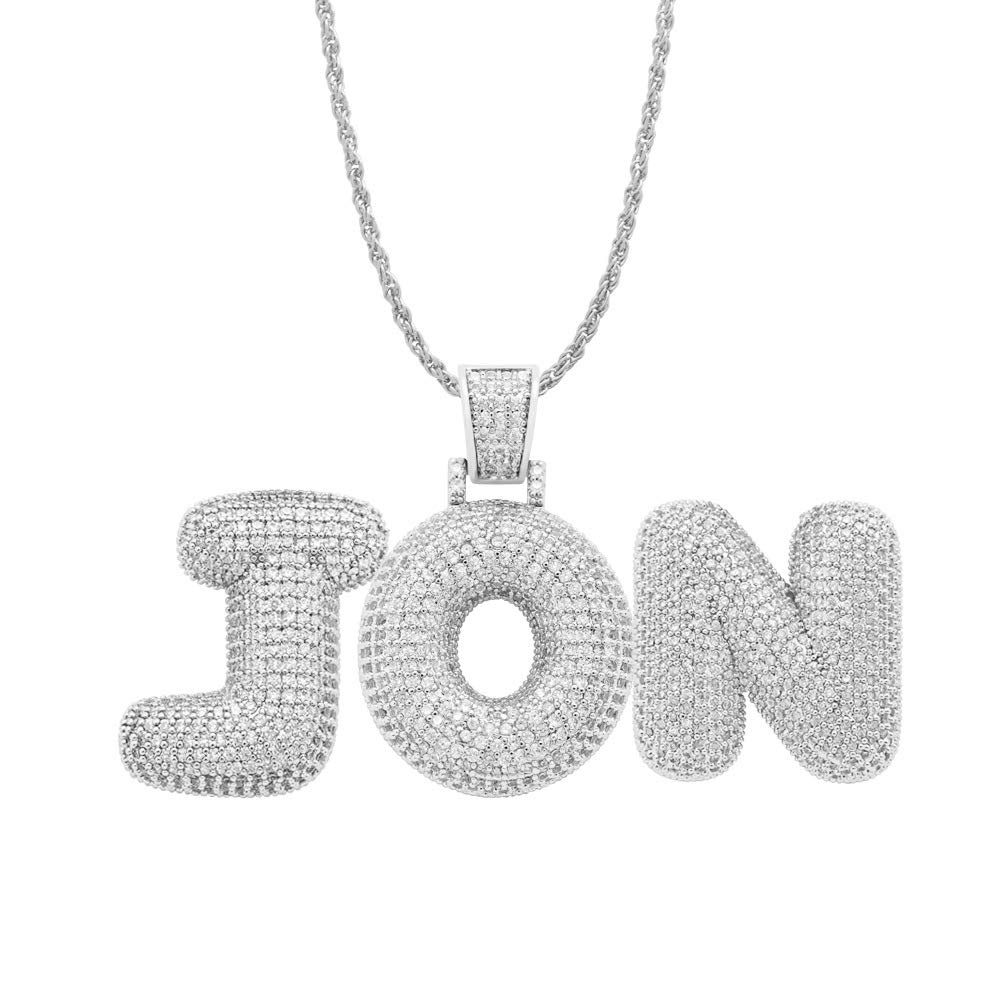 POSHFEEL Iced Out Lab Premium Simulated Diamond Bling Bubble Letters Pendant Necklace Chain Men Hip 