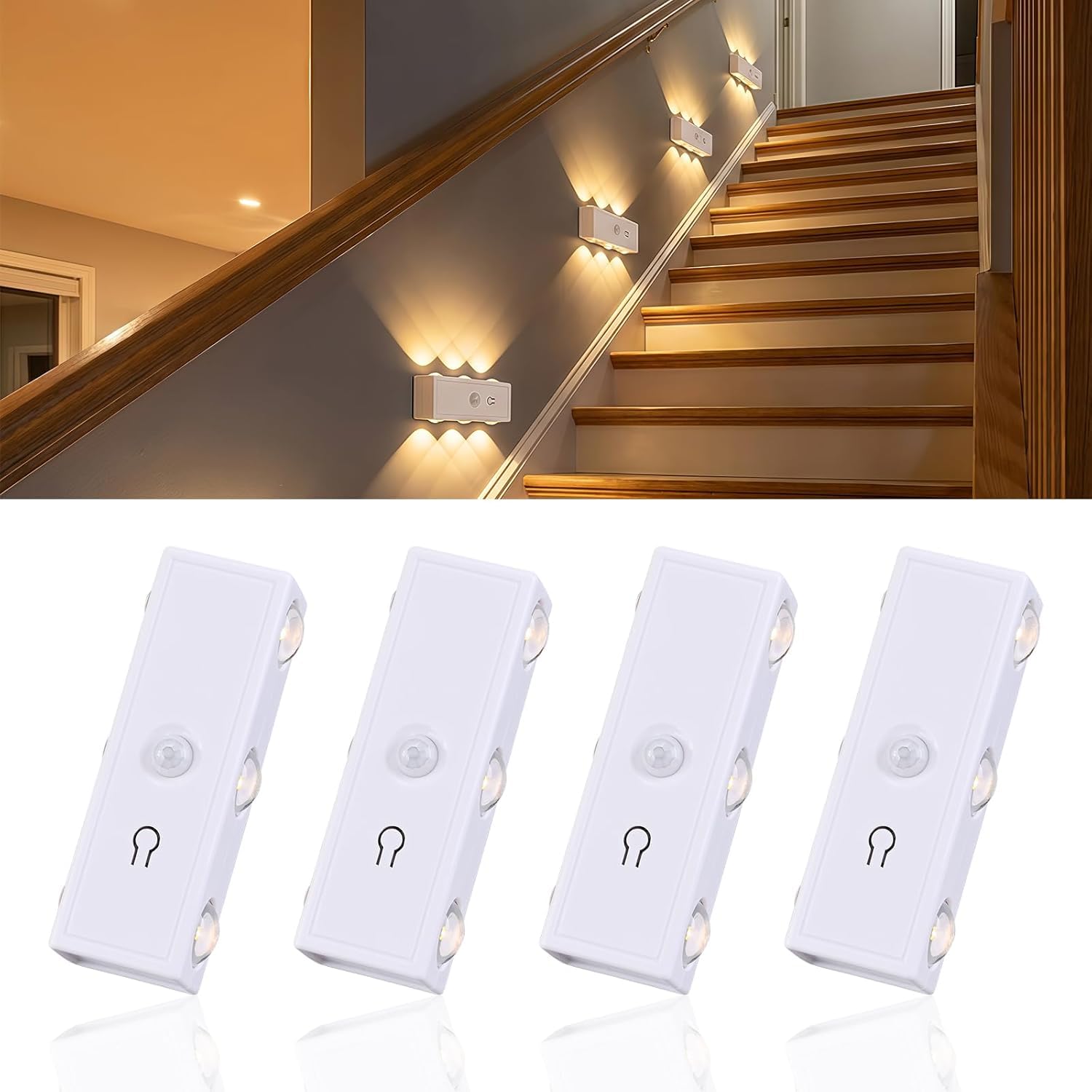 4 luci notturne ricaricabili con sensore di movimento, 3 colori di luce + LED dimmerabili, luci per scale senza fili con 3 modalità (Auto/ON/OFF) per camera da letto, corridoi e camera dei bambini