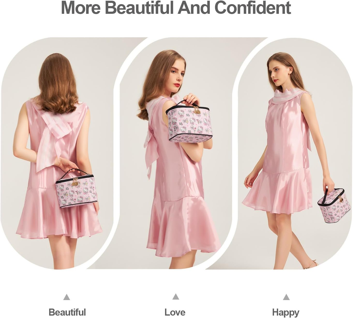 AmBealla Cosmetic Bag Large Makeup Bag Pink Makeup Travel Case with Brush Holder, Canvas Organizer for Women, Toiletry Bag for Skincare & Beauty Tools Sweet Cute for Girls - Image 3