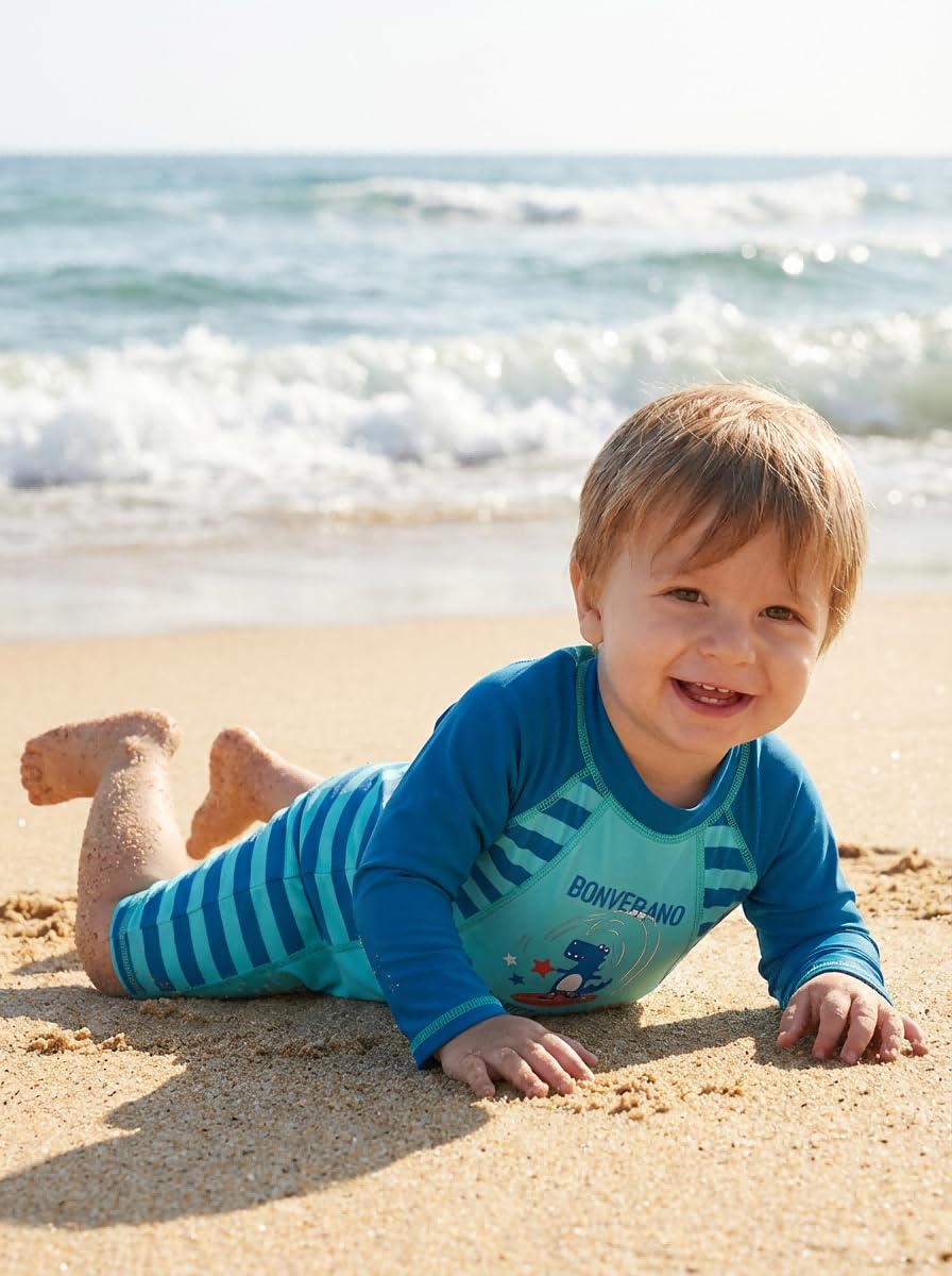 BONVERANO Traje de baño para bebé niño Trajes de baño de una Pieza de Manga Larga Protección UV 50+ Trajes de baño con Cremallera