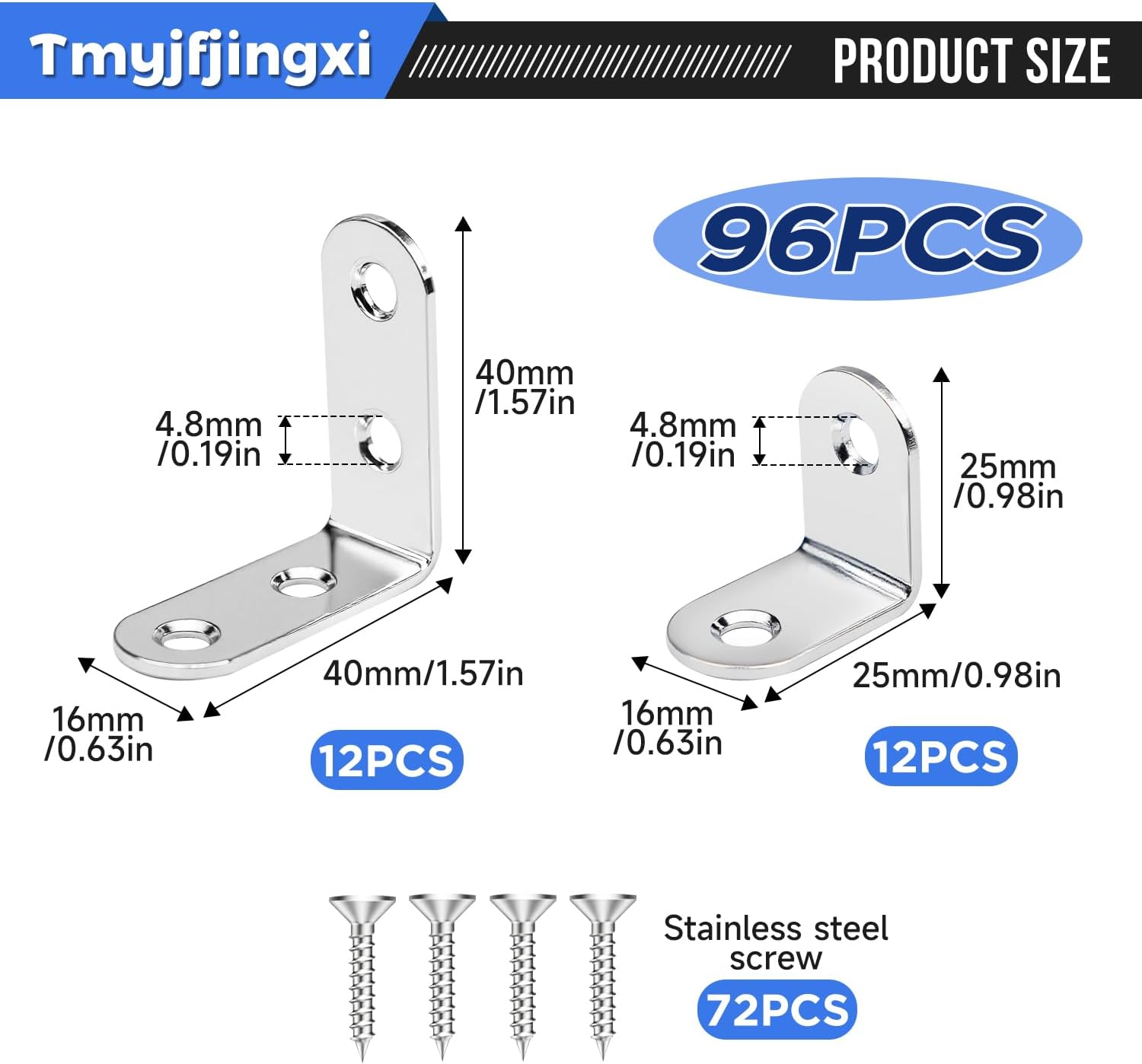 24Pcs Silver L Corner Brackets for Shelves 2Sizes Heavy Duty Angle L Shelf Bracket for Wood Furniture with 72Pcs Screws (1x1inch 1.57x1.57inch) YY024-S