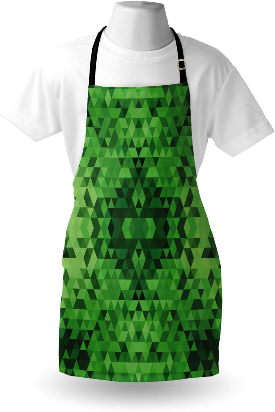 Lunarable Green Apron, Abstract Modern Mosaic Pattern Triangles Geometric Illustration, Unisex Kitchen Bib Apron with Adjustable Neck for Cooking Baking Gardening, Green Dark Green Pale Green