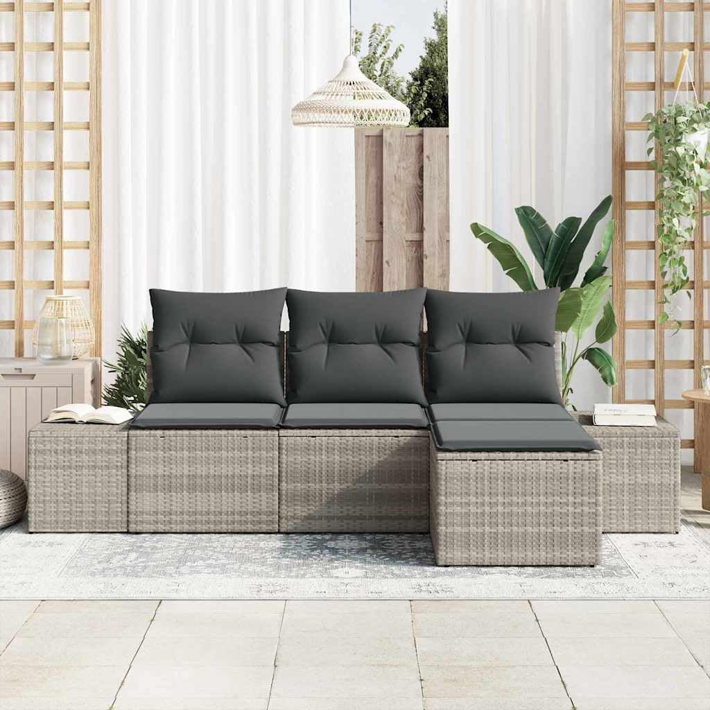 Juego de muebles de jardín en forma de L con espacio de almacenamiento, juego de sofá de jardín con mesa de café de cristal y cojines desmontables de polirratán gris claro (4 unidades)