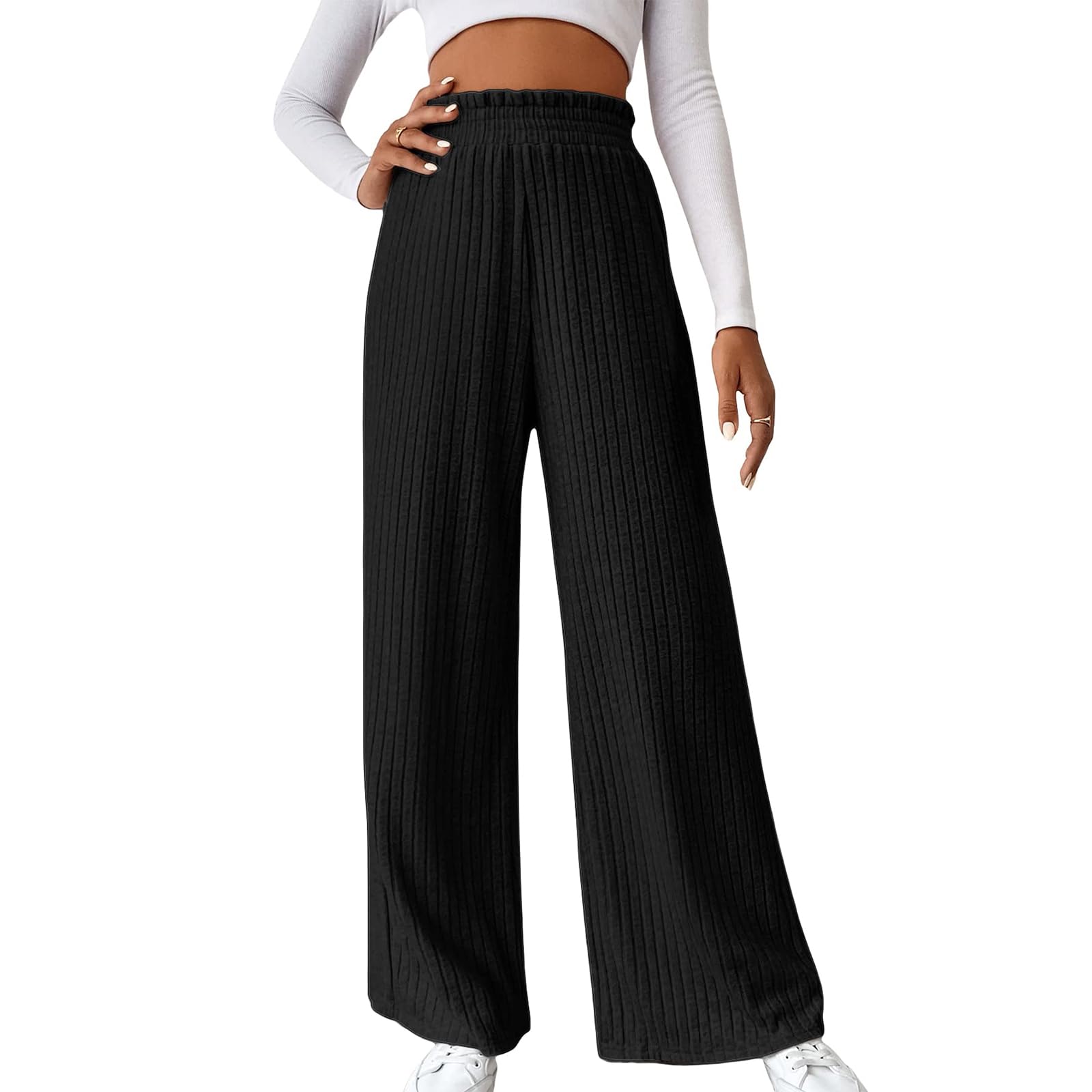 Womens Wide Leg Pants Casual Ribbed Knit Pants Elastic Waisted Long Pants Loose Palazzo Pants Straight Leg Pants