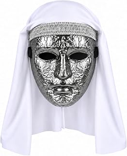 Medieval Silver Masquerade Mask for Men with Headscarf, Full Face Halloween Costume Mask for Cosplay Party