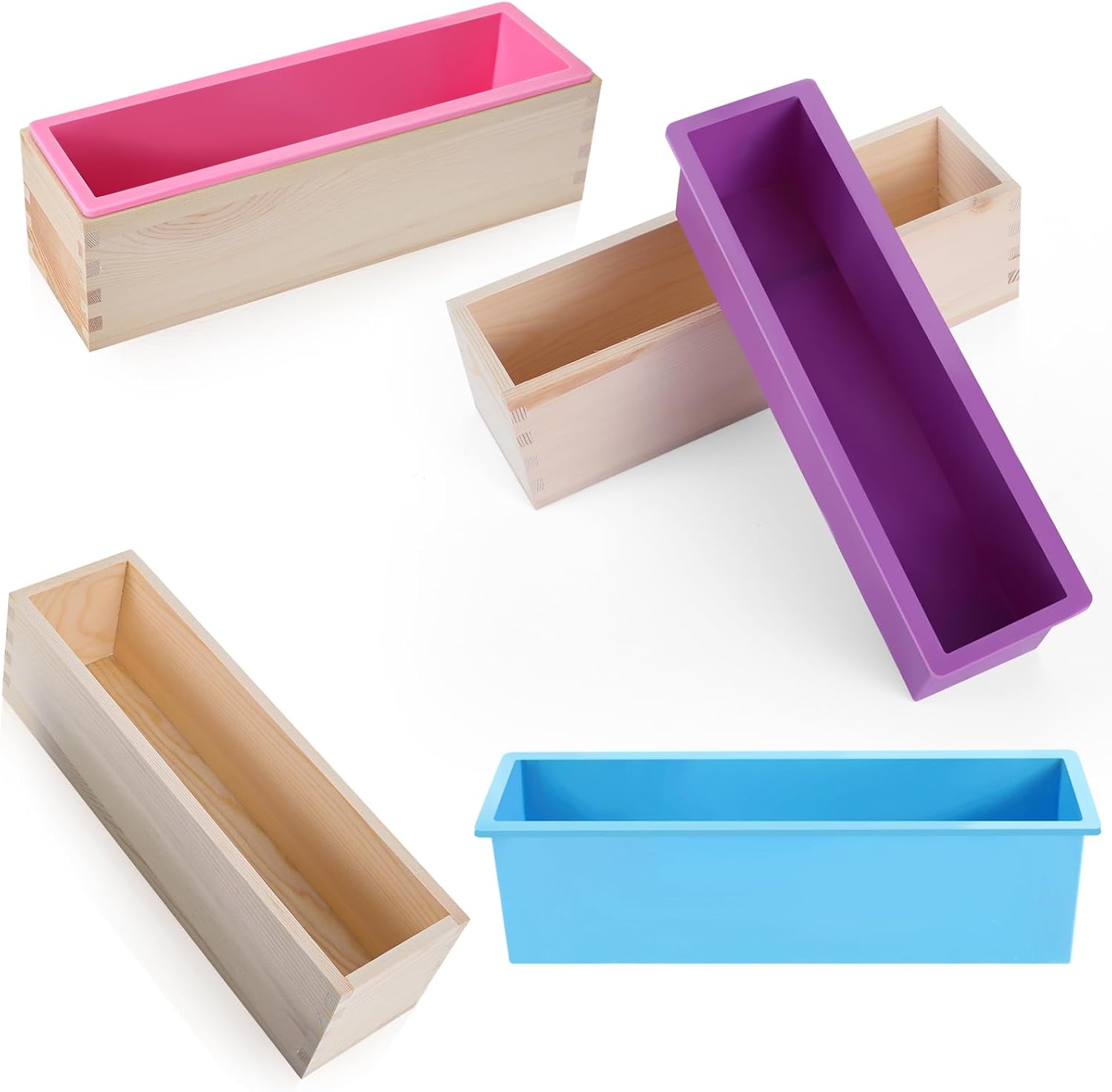 Ziliny 3 Pcs 42oz Soap Loaf Mold Flexible Rectangular Silicone Soap Molds Wood Box Tray Making Supplies for Homemade Craft DIY Tool(Purple, Pink, Blue)