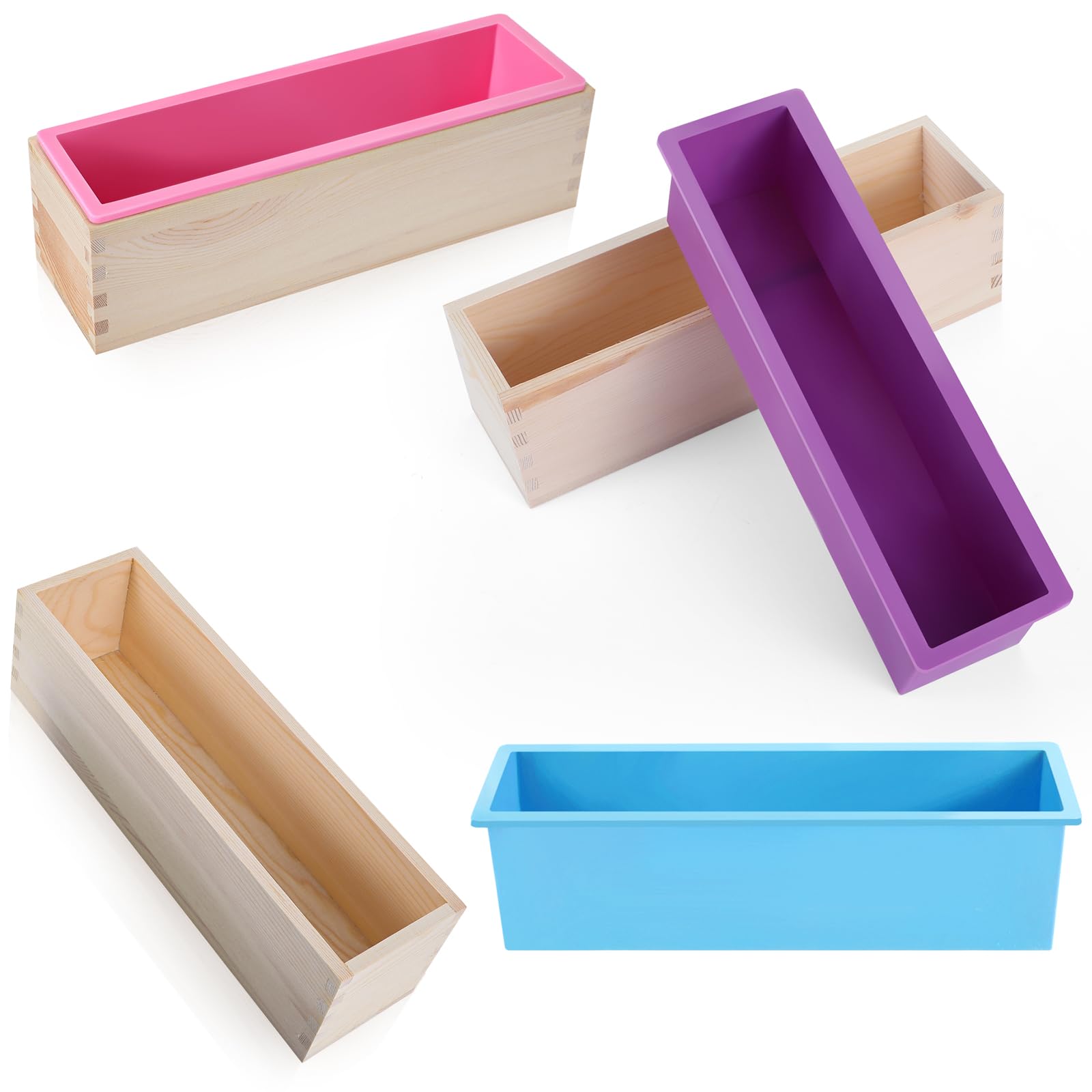 Ziliny 3 moldes de jabón de 42 onzas, moldes rectangulares de silicona para hacer jabón con 3 cajas de madera, moldes flexibles para hacer jabón artesanal, herramientas caseras (morado, rosa, azul)