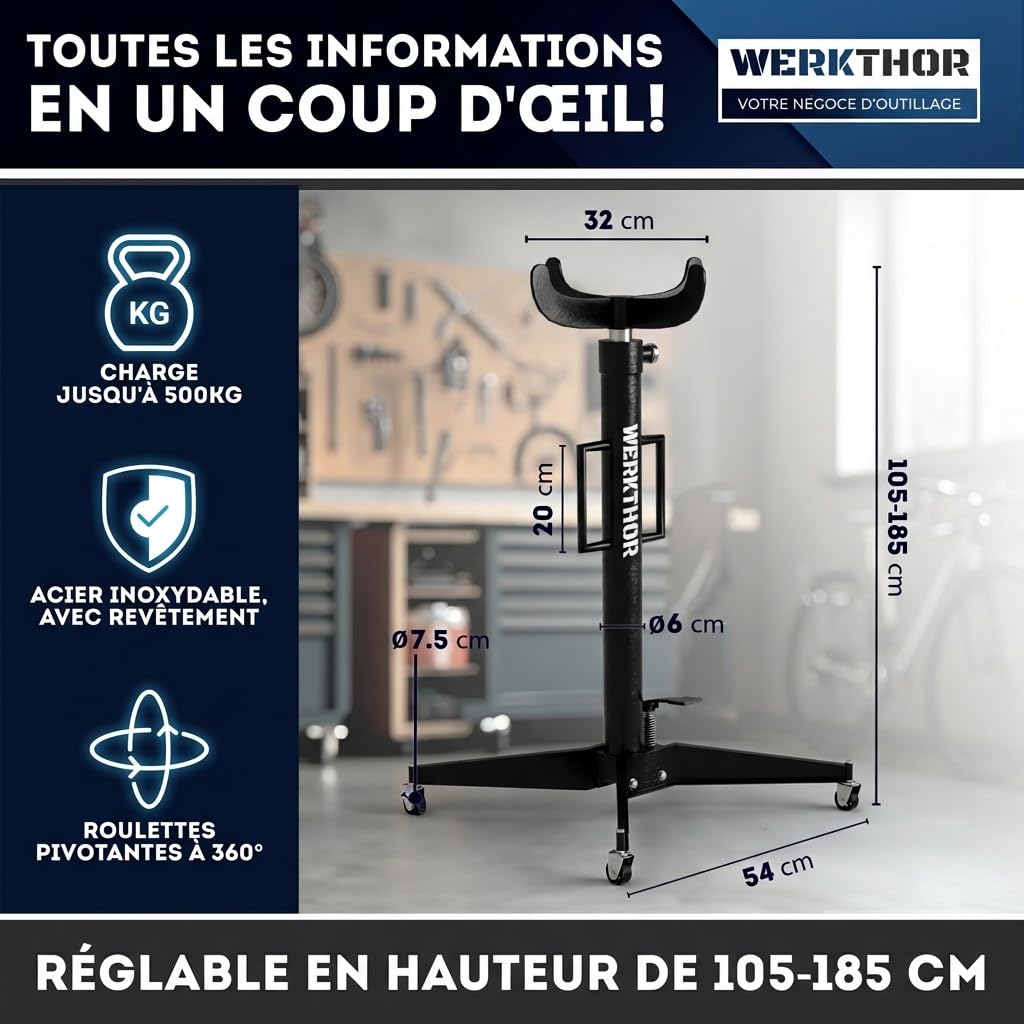 WERKTHOR Vérin de Fosse Hydraulique 500kg Noir | Cric de Fosse Réglable 113–195 cm avec Pédale & 4 Roues | Verin de Fosse Atelier pour Boîte Vitesse, Moteur, Transmission