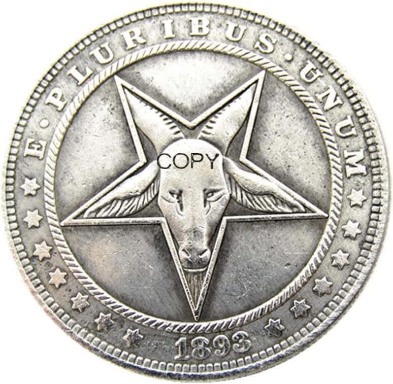 Copia 1893 Moneda Hobo Morgan Baphomet Cabeza de Cabra Satanás Diablo Infierno Pentagrama plateado Réplica conmemorativa