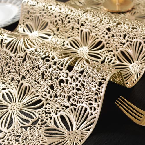 Hosoncovy Hollow Table Runner Non-slip Decorative PVC Table Mats Placemat Protective Heat Resistant Mats for Home Party Kitchen Dining Wedding Decor (91CM X 33CM) (Gold) - Image 4