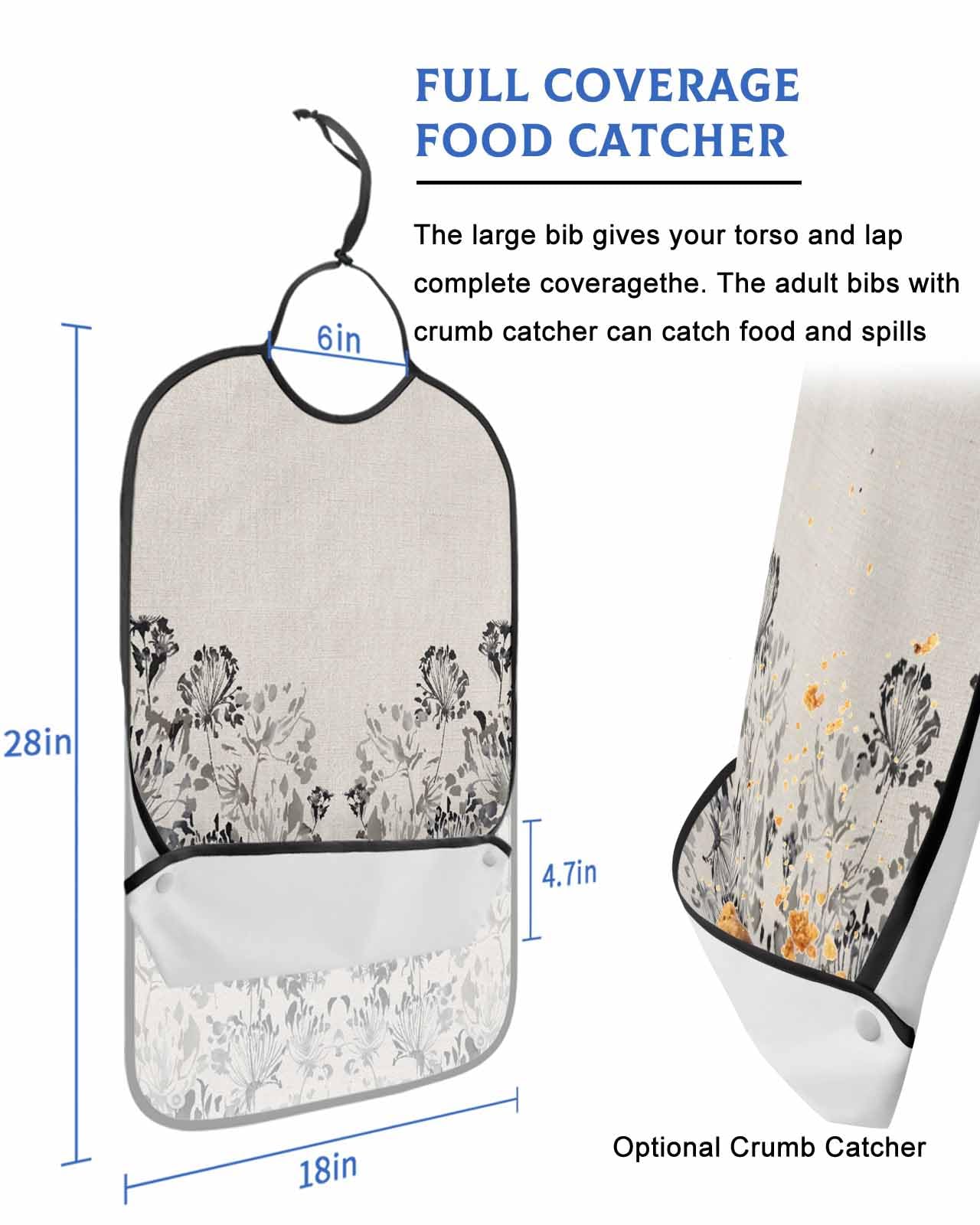 LEOKOTI Black Grey Botanical Adult Bibs for Eating, Waterproof Bibs with Food Catcher & Adjustable Snap Closure, Pastoral Spring Floral Rustic Washable Clothing Protectors Adult Bibs for Elderly