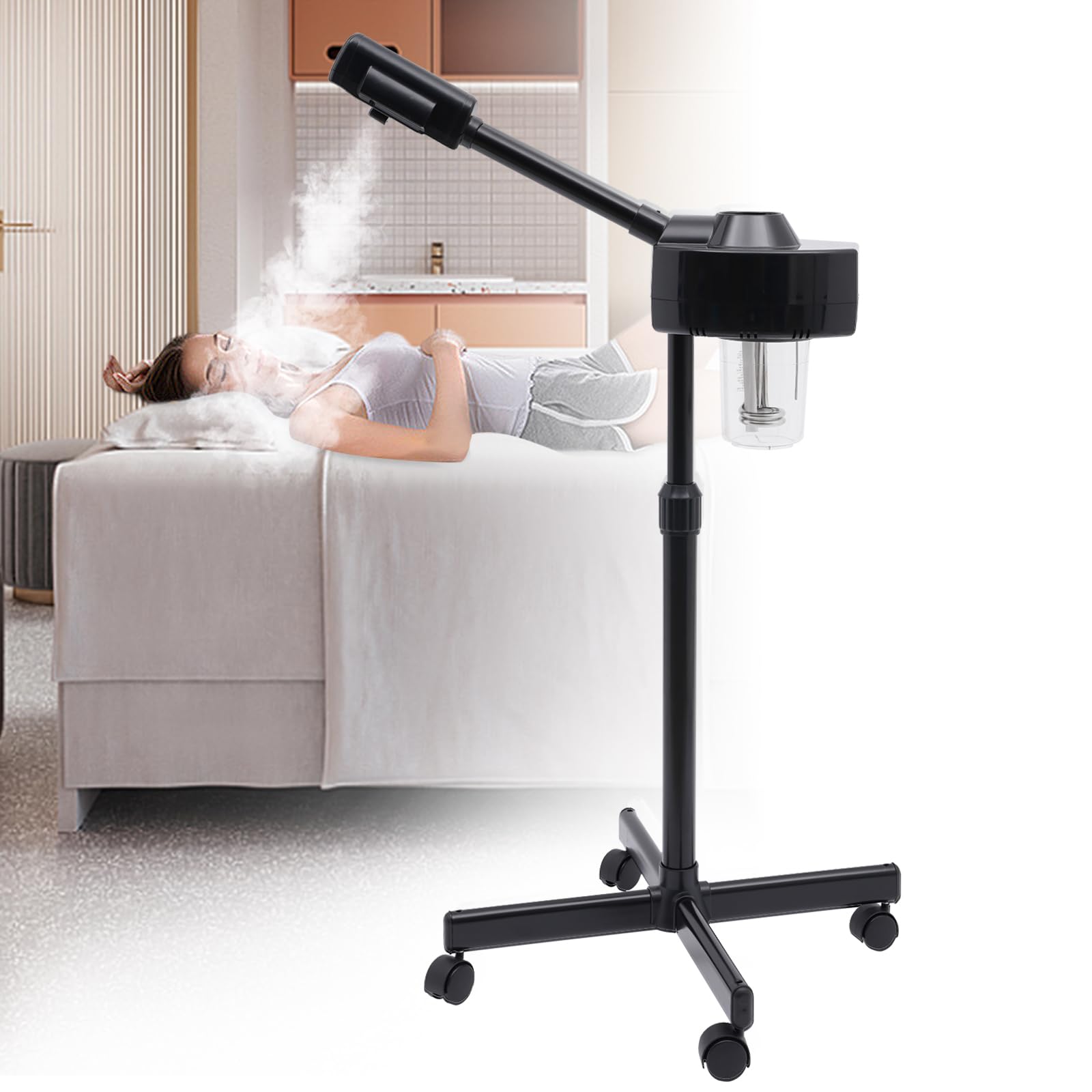 Vaporizzatore a vapore all'ozono, vaporizzatore per il viso per salone e casa, con ruote, vapore caldo, cura del viso, ugello girevole a 360°, 750 W, nero