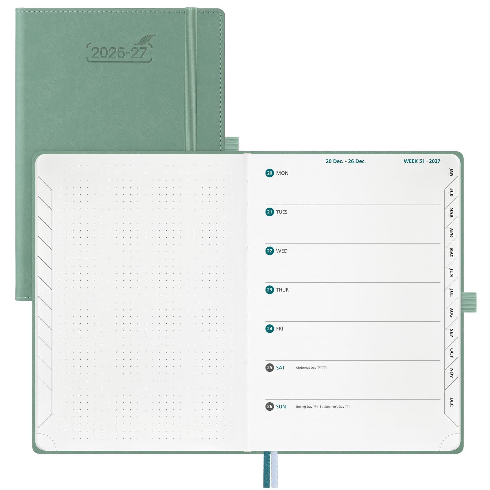 BEZEND A5 Academic Diary 2026-2027 Week to View with Note Pages (Jul 26-Dec 27) Equal Weekend. Weekly Planner Notebook with Monthly Tabs & 90 GSM Paper for Home School Office, Hardback, Midnight Green