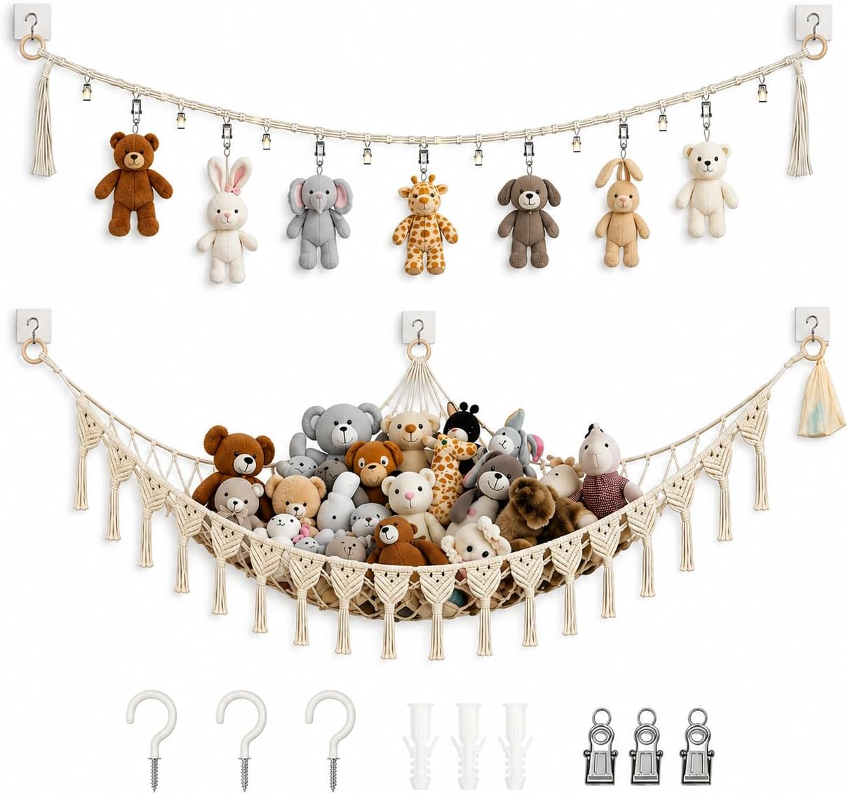 2pcs Stuffed Animal Storage Combo,Handcrafted Macrame Corner Hammock Net