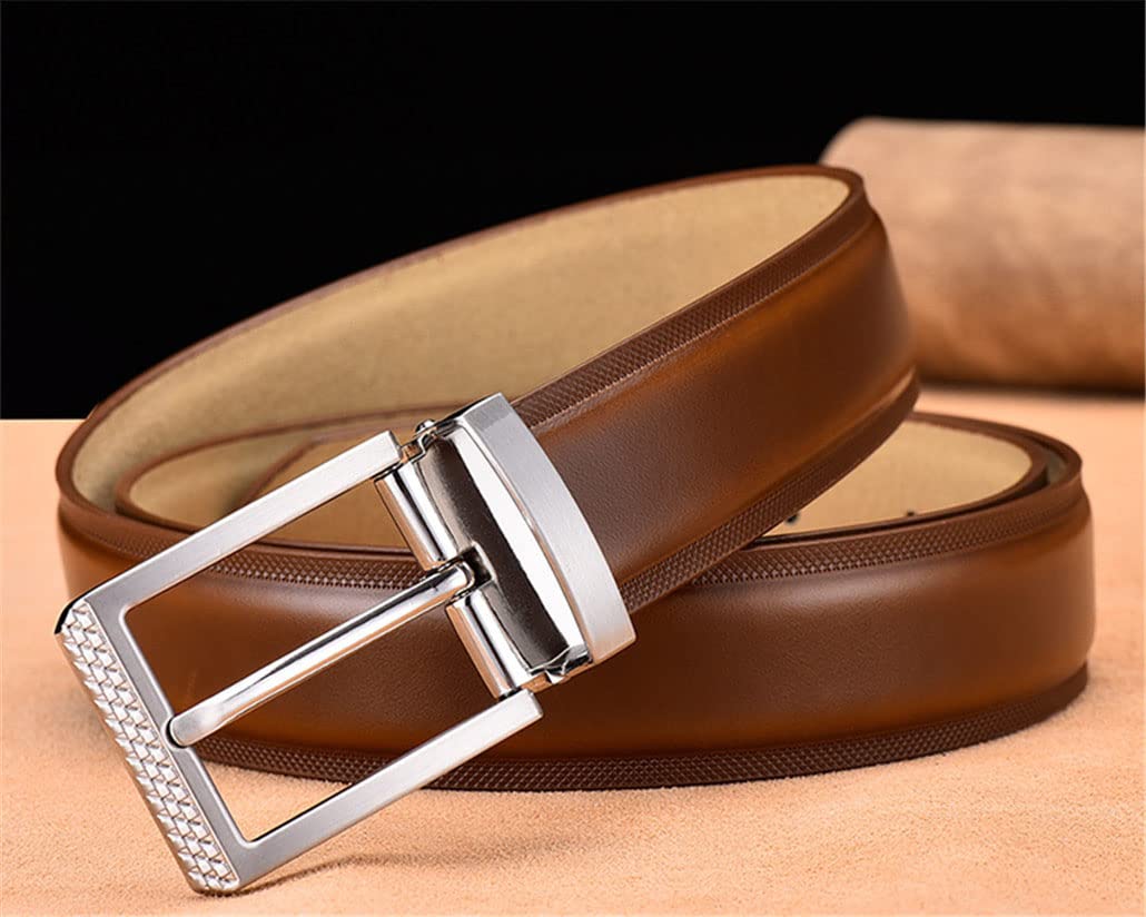 keusyoi Cinturón de piel auténtica para hombre, con hebilla plateada, cinturón de piel de vaca, cinturón casual de negocios, cintura de jeans