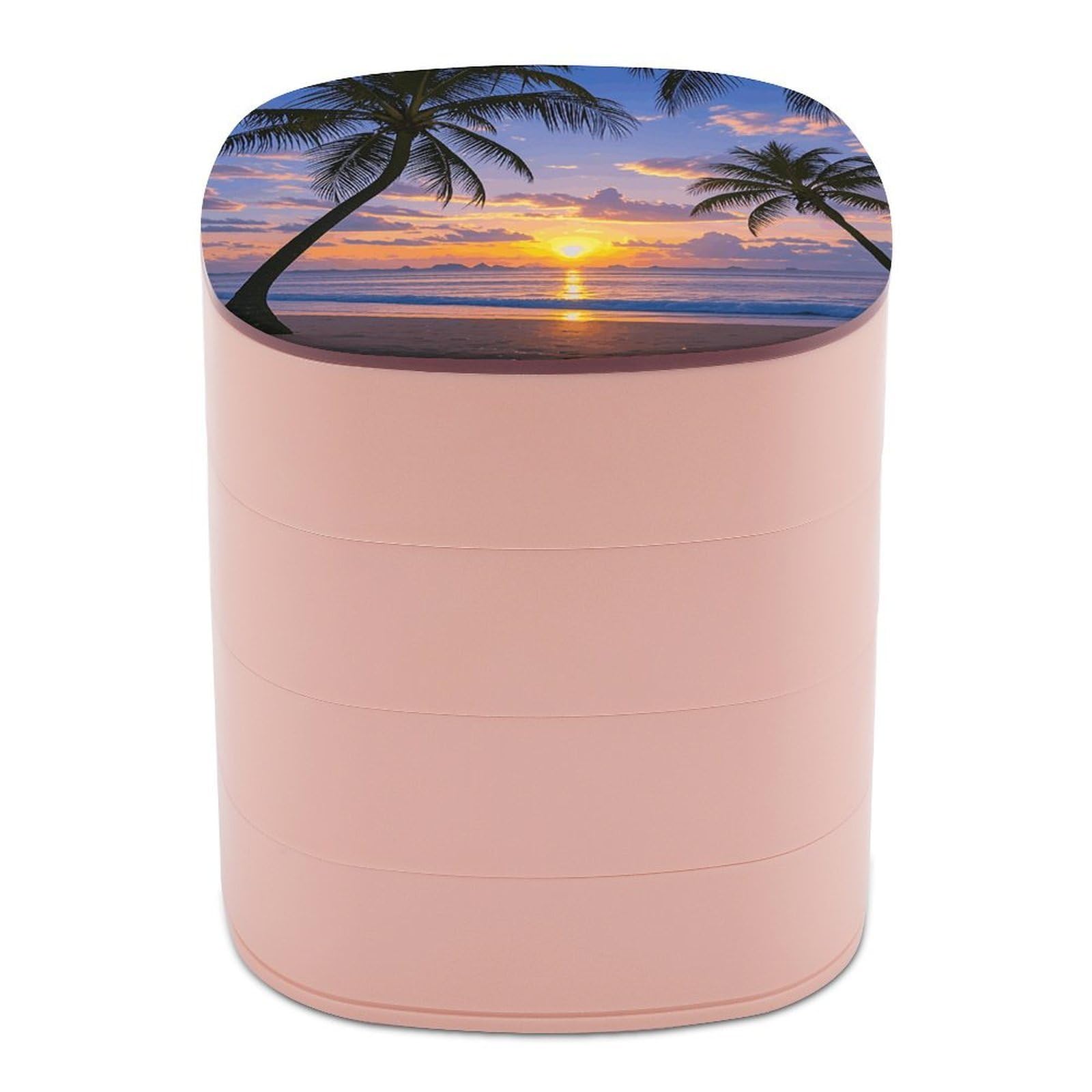 VstaDank Palm Tree Sunset Jewelry Case Women Portable Travel Jewelry Box Rotating Jewelry Organizer with Mirror Multi-Layer Necklace Ring Earring Storage Box for Bracelets Rings