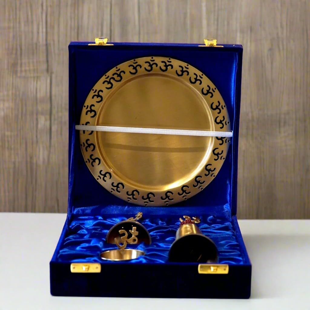 indiancraftsbykanika Brass Set of 4 Pieces om Pooja thali Set for Housewarming Pooja/Diwali