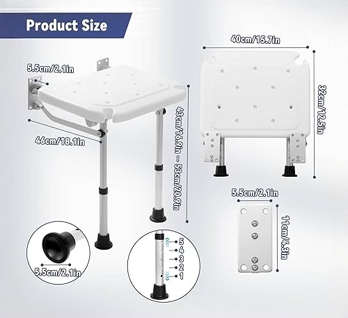 Miniatura 7 de Silla de pared plegable de altura ajustable de 5 velocidades (16.5-20.4 pulgadas) con una capacidad de peso de 400 libras, adecuada para baños,