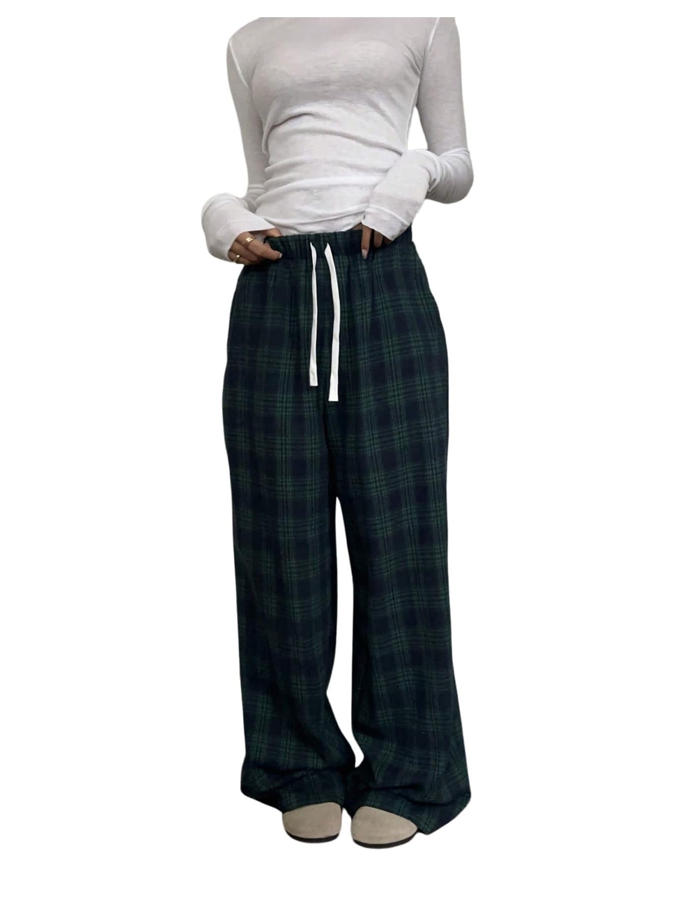 COZYEASE Womens Plaid Wide Leg Pants Drawstring Waist Casual Preppy Trousers Soft Lounge Pant
