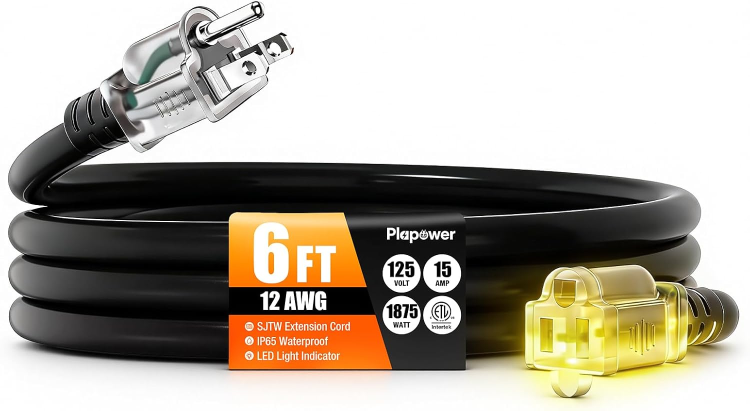 Outdoor Extension Cord 6 FT Waterproof, 12/3 Gauge Heavy Duty 3 Prong Power Cord with Lighted Indicator End, 15A 125V 1875W SJTW, ETL Listed, Great for Lawn/Garden/Home(Black)