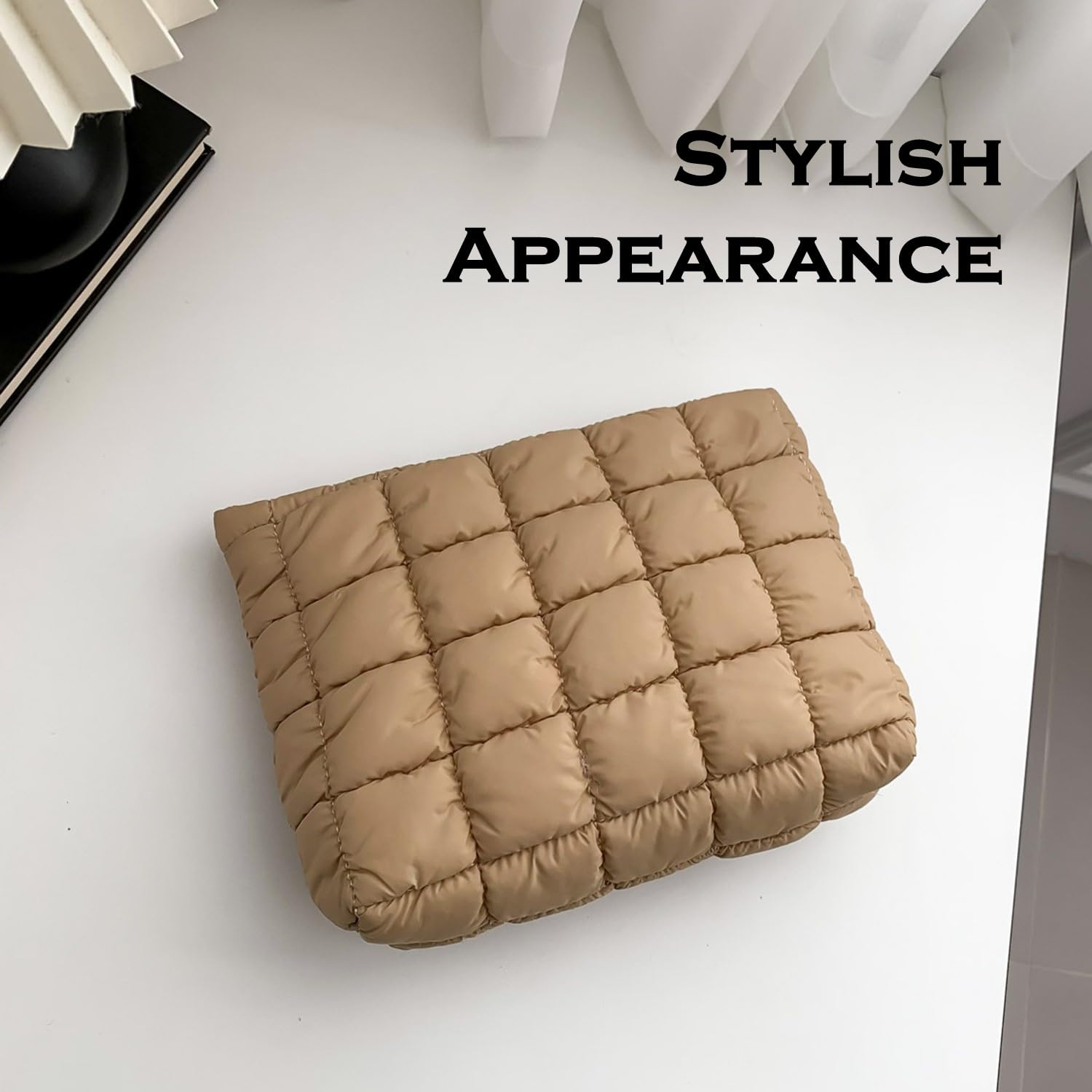 HFLZBRO Puffy Quilted Makeup Bag, Cosmetic Bag, Travel Toiletry Organizer Pouch, Clutch for Women (Brown) - Image 2