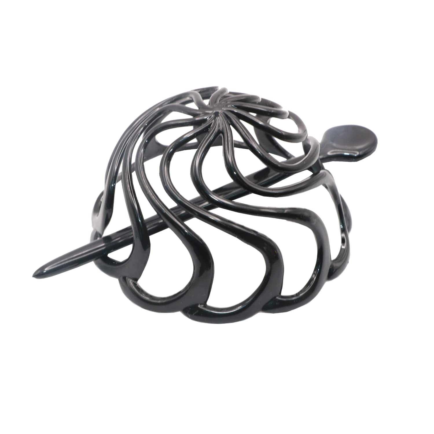 Parcelona French Swirls Large 3.5" Cellulose Acetate Bun Cover with Stick Ponytail Chignon Durable Fashion Women Hair Accessories Non Slip Hair Clip for Girls, Made in France(Black)