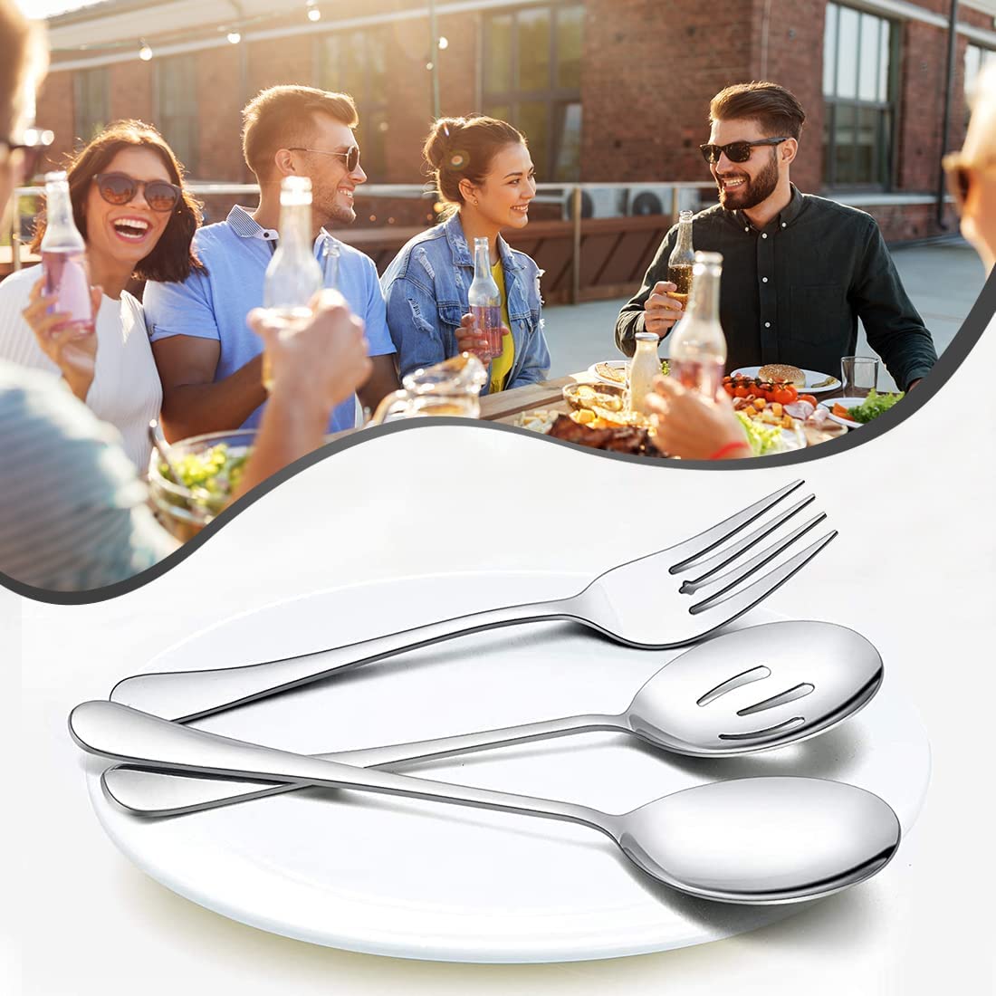 Set di Posate da Portata in Argento 10 Pezzi, Set di utensili da portata in acciaio inox con cucchiai grandi, forchette, mestoli per zuppa, sollevatore di torte e pinze per buffet