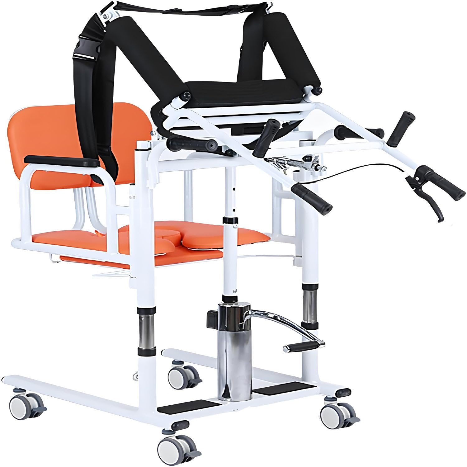 Grúa Hidráulica Pacientes con Soporte Elevación Parte Superior Cuerpo, 4 En 1 Portátil Silla Ruedas para Transferencia Pacientes Mayores, Asiento Multifuncional con División 180° Orange