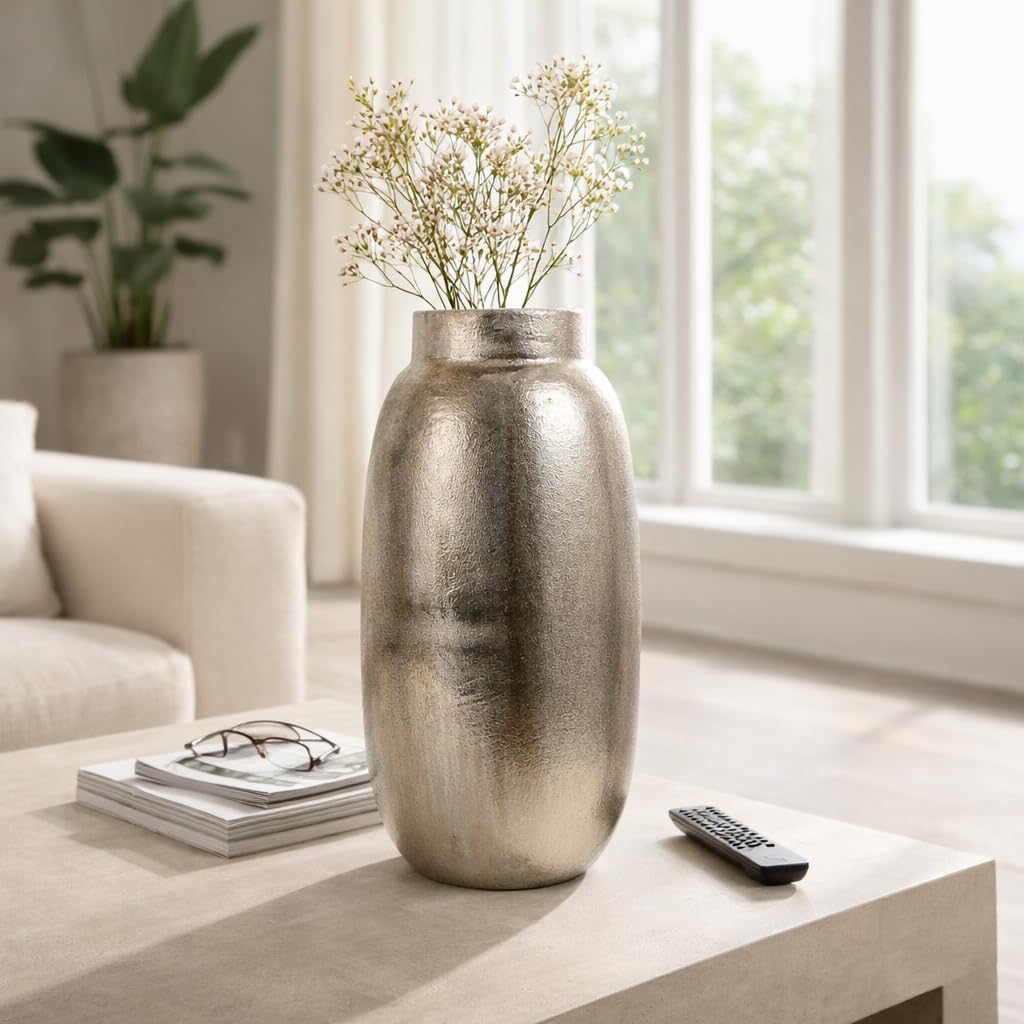 Large Antique Metal Vase for Living Room - Decorative Rounded Flower Vase for Bedroom Vanity, Home Centerpiece, and Kitchen Counter - Accent Display for House Office Tabletop - 24", Silver & Metallic