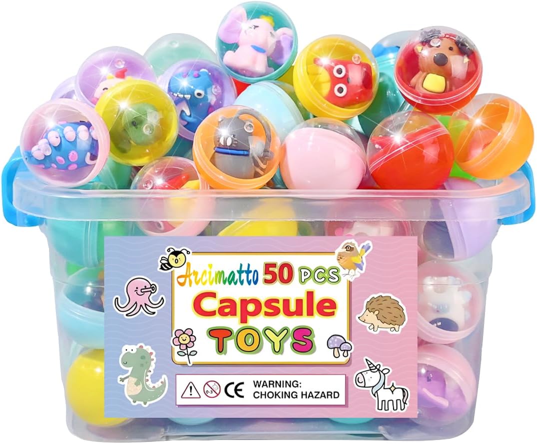 Arcimatto 50 Pack Adorable Party Favors Capsule Toys, Bulk Mini Kawaii Claw Machine Prizes Birthday Gifts for Boys Girls Goodie Bag Christmas Stocking Easter Stuffers Treasure Box Classroom Prizes