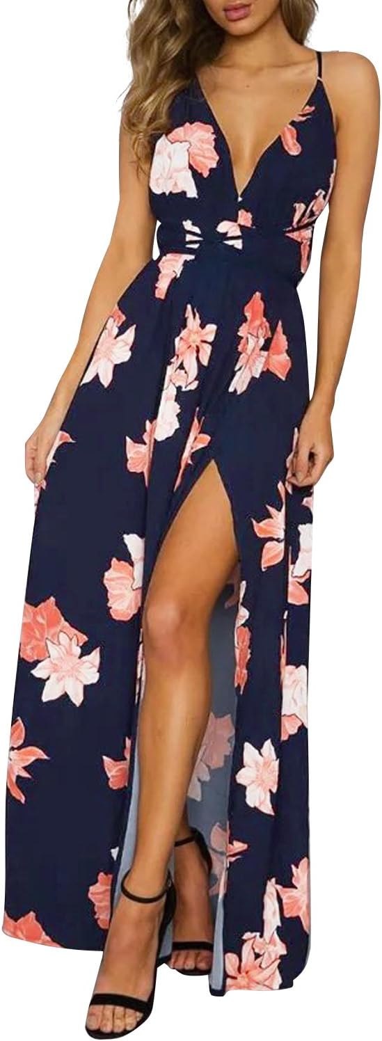 Simplee Women's Deep V Neck Backless Spaghetti Strap Floral Casual Maxi Dress, Navy Blue Print1, 1/7, Medium