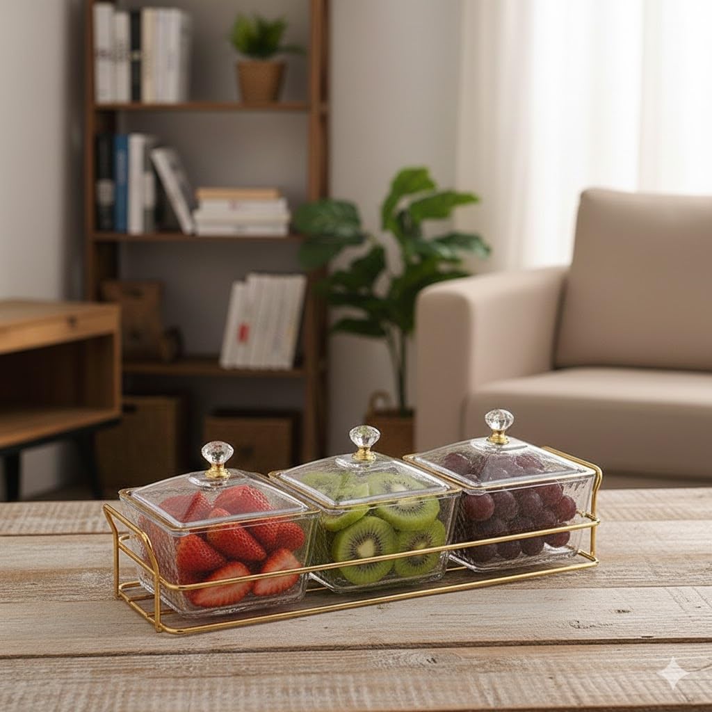 Plastic Candy Jar Set with Tray | 3 Pcs Square Storage Containers with Lids | 4 Inch Multipurpose Dry Fruit & Snack Organizer.