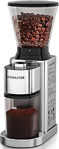 Aromaster Coffee Bean Grinder with 48 Gind Settings, Conical Burr Coffee Grinder for Home Use,Stainless Steel,40 Seconds Adjustable Timer,Anti-static,Easy to Clean with Brush