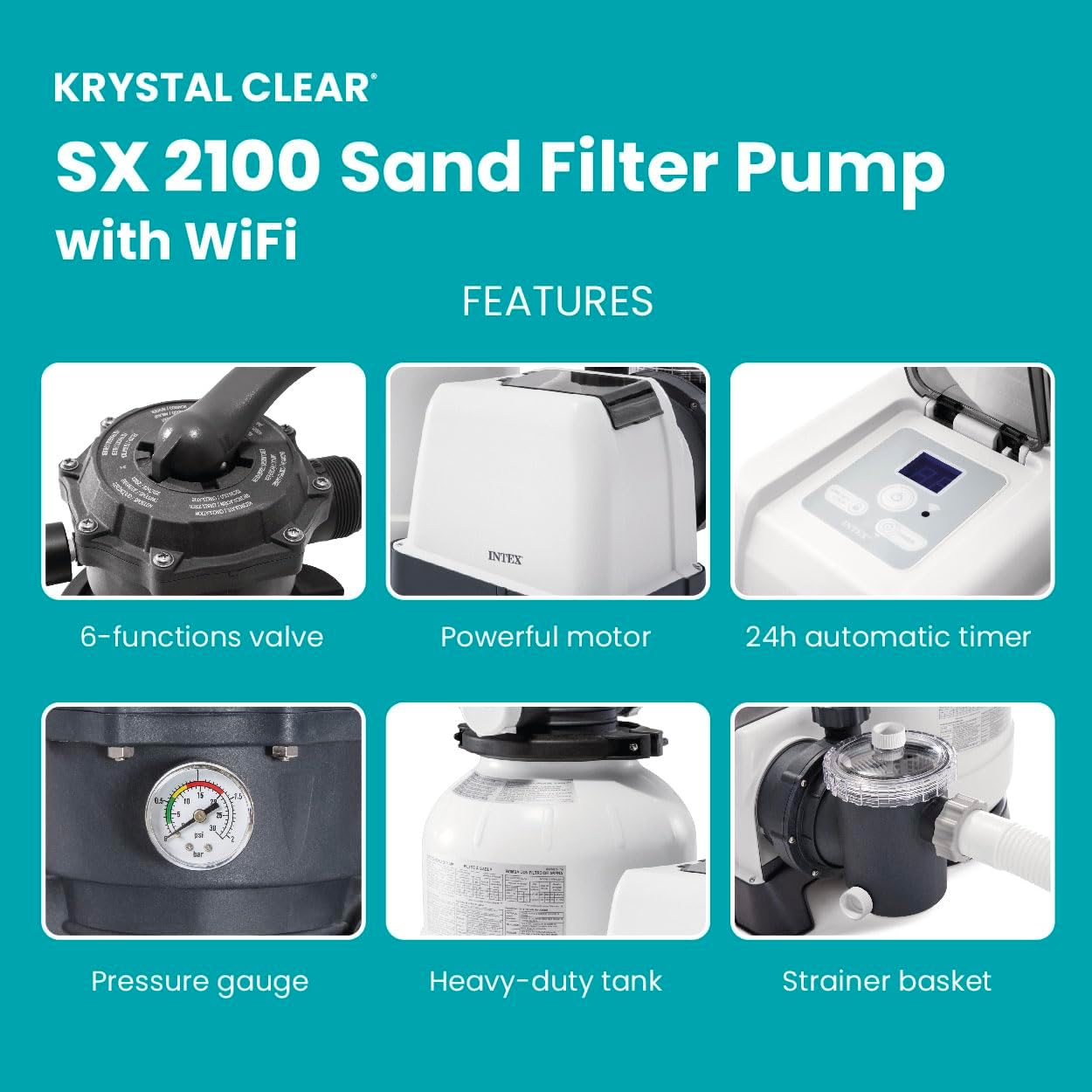 INTEX 26655EG SX2100 Plus Krystal Clear Sand Filter Pump for Above Ground Pools: 2100 GPH Pump Flow Rate, Improved Circulation and Filtration, Easy Installation, Improved Water Clarity, Easy-to-Clean