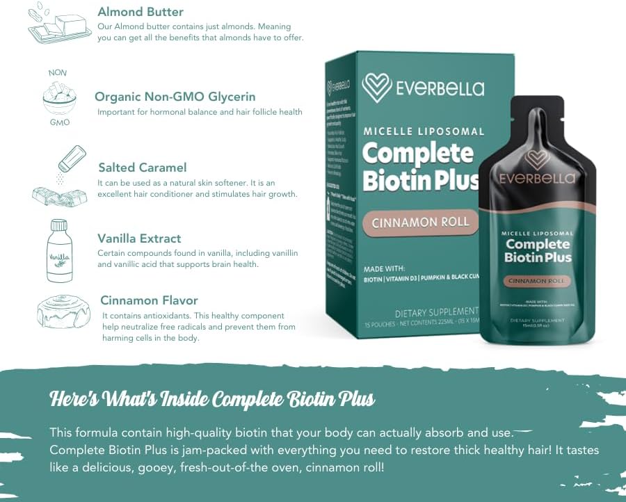 Miniatura 4 de Biotina completa Plus, sabor a rollo de canela, fórmula liposomal, biotina, aceite de semilla de calabaza, aceite de semilla de comino negro, D3,