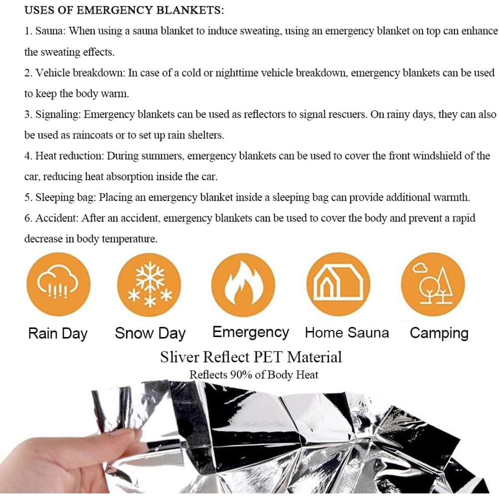 Paquete de 10 mantas térmicas de supervivencia, mantas espaciales de emergencia de Mylar de 1.4 x 2.1 m, empaquetadas individualmente para camping, senderismo, al aire libre y maratones