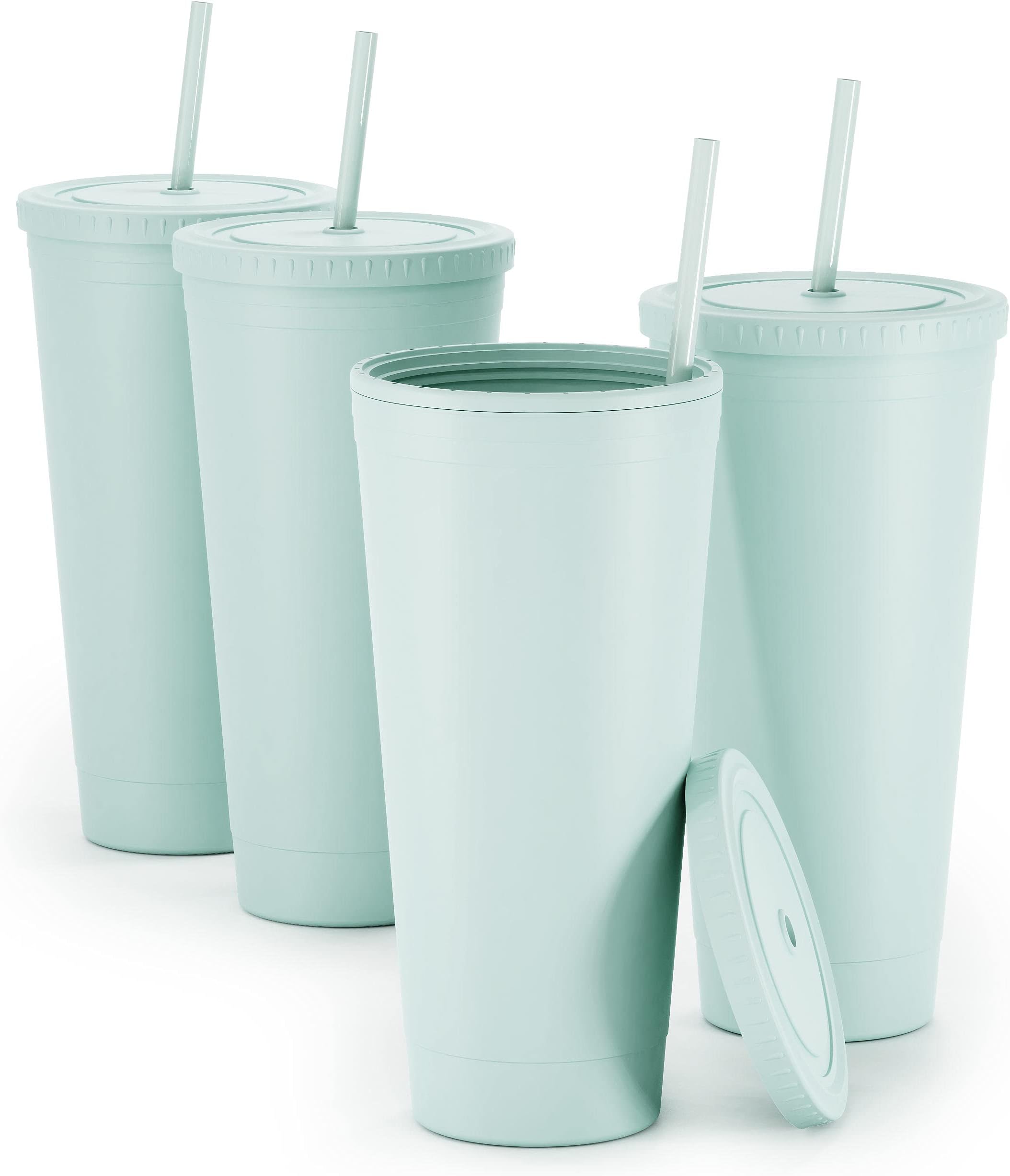 Maars Acrylic Travel Tumbler with Lid and Straw | 32oz Premium Insulated Double Wall XL Plastic Reusable Cups - Matte Seaglass, 4 Pack