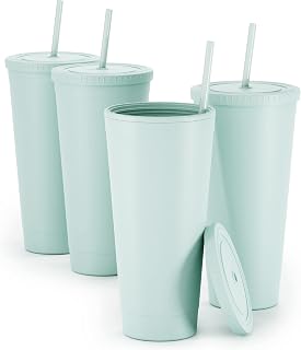 Maars Acrylic Travel Tumbler with Lid and Straw | 32oz Premium Insulated Double Wall XL Plastic Reusable Cups - Matte Seaglass, 4 Pack