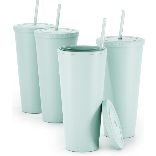 Maars Acrylic Travel Tumbler with Lid and Straw | 32oz Premium Insulated Double Wall XL Plastic Reusable Cups - Matte Seaglass, 4 Pack