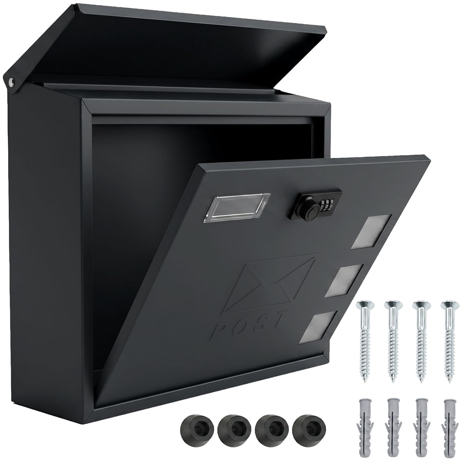 Post Box, Wall Mounted Letterbox, Galvanized Steel Mail Box with Combination Lock, 3 Viewing Windows, Nameplate, Waterproof Outdoor Post Box Wall Mounted, 35 x 30 x 10 cm, BLACK